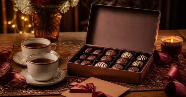 Chocolate gift box with ribbon and a blank greeting card Chocolate gift box with ribbon and a blank greeting card