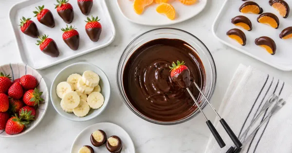 Clean, dried strawberries, banana and orange pieces being dipped in dark chocolate Clean, dried strawberries, banana and orange pieces being dipped in dark chocolate