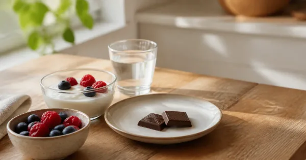 Two chocolate squares with yogurt and berries for a portion-aware snack Two chocolate squares with yogurt and berries for a portion-aware snack