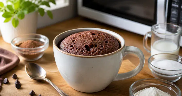 Fully cooked chocolate mug cake with measured ingredients beside it Fully cooked chocolate mug cake with measured ingredients beside it