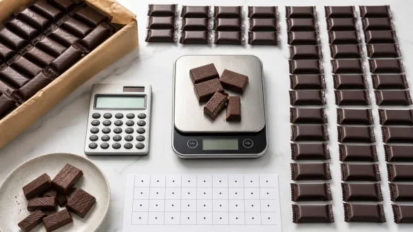 Unbranded chocolate multipack pieces sorted into rows beside a calculator and kitchen scale Unbranded chocolate multipack pieces sorted into rows beside a calculator and kitchen scale