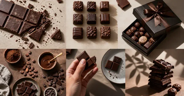 Chocolate product photography moodboard with flat lay, texture, gift and shadow setups Chocolate product photography moodboard with flat lay, texture, gift and shadow setups