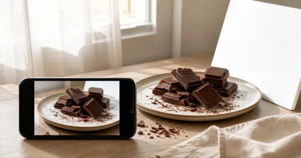 Phone photographing chocolate beside a window with a simple reflector Phone photographing chocolate beside a window with a simple reflector