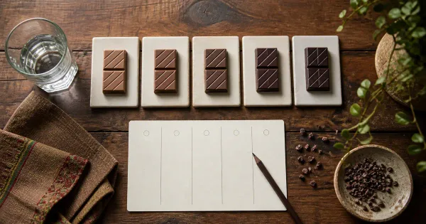 Five unbranded chocolate samples arranged from milk to dark for a home tasting Five unbranded chocolate samples arranged from milk to dark for a home tasting