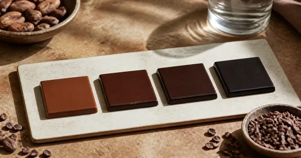Four unbranded dark chocolate squares arranged from 50 to 100 percent cocoa intensity Four unbranded dark chocolate squares arranged from 50 to 100 percent cocoa intensity