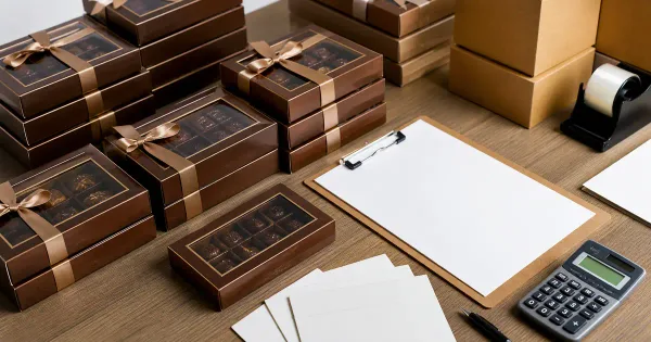 Multiple unbranded corporate chocolate gift boxes organized for delivery Multiple unbranded corporate chocolate gift boxes organized for delivery