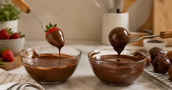 Two bowls of glossy couverture and compound chocolate with dipping tools Two bowls of glossy couverture and compound chocolate with dipping tools
