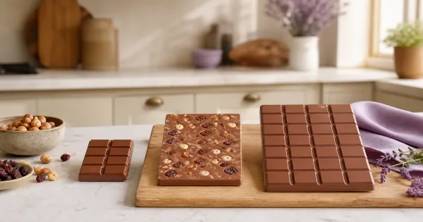 Unbranded chocolate bars, wafer pieces and wrapped candy arranged for a Cadbury format guide Unbranded chocolate bars, wafer pieces and wrapped candy arranged for a Cadbury format guide