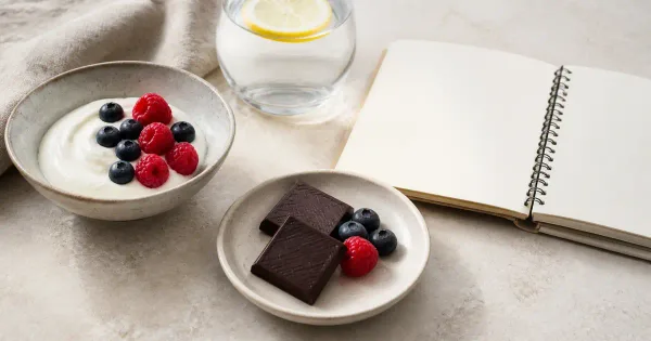 Measured dark chocolate portion with fruit, plain yogurt and a nutrition notebook Measured dark chocolate portion with fruit, plain yogurt and a nutrition notebook