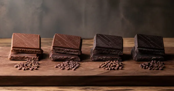 Four dark chocolate samples progressing from lighter to darker cocoa Four dark chocolate samples progressing from lighter to darker cocoa