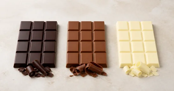 Dark, milk and white chocolate pieces arranged in three labelled-free rows Dark, milk and white chocolate pieces arranged in three labelled-free rows