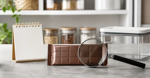 Wrapped chocolate bar beside a calendar, dry storage jar and inspection checklist Wrapped chocolate bar beside a calendar, dry storage jar and inspection checklist