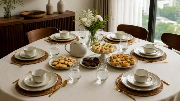 Elegant Bangladeshi hi-tea table for six with tea, biscuits and chocolate portions Elegant Bangladeshi hi-tea table for six with tea, biscuits and chocolate portions