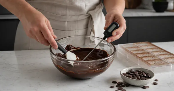 Home baker checking glossy melted chocolate with a digital thermometer Home baker checking glossy melted chocolate with a digital thermometer