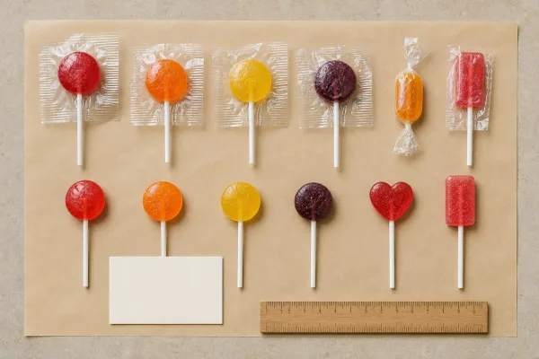 Unbranded wrapped lollipop and candy formats arranged for a Chupa Chups buying guide Unbranded wrapped lollipop and candy formats arranged for a Chupa Chups buying guide