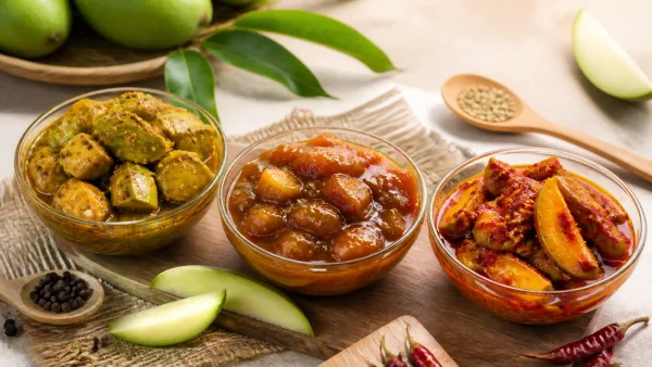Three unbranded mango achar styles showing sweet, sour and spicy textures in glass bowls Three unbranded mango achar styles showing sweet, sour and spicy textures in glass bowls