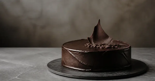 Minimal dark chocolate cake with asymmetrical ganache texture and one chocolate shard Minimal dark chocolate cake with asymmetrical ganache texture and one chocolate shard