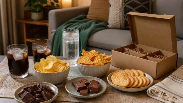Cozy movie-night snack box with two bowls, chocolate portions and cold drinks Cozy movie-night snack box with two bowls, chocolate portions and cold drinks