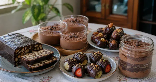 Five no-oven chocolate desserts including fridge cake, cups, dates, jars and fruit Five no-oven chocolate desserts including fridge cake, cups, dates, jars and fruit