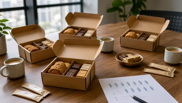 Unbranded office snack boxes with coffee, biscuits and chocolate arranged for a team break Unbranded office snack boxes with coffee, biscuits and chocolate arranged for a team break