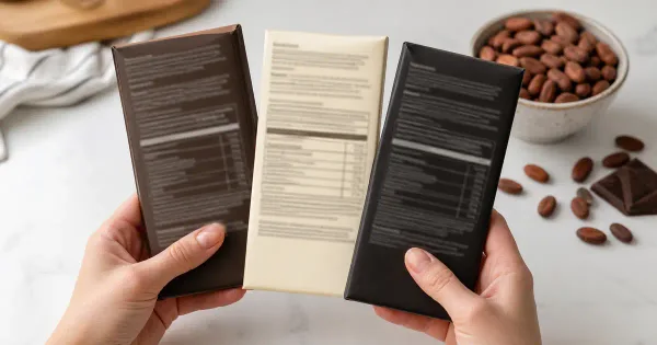Hands comparing the back labels of three unbranded chocolate bars Hands comparing the back labels of three unbranded chocolate bars
