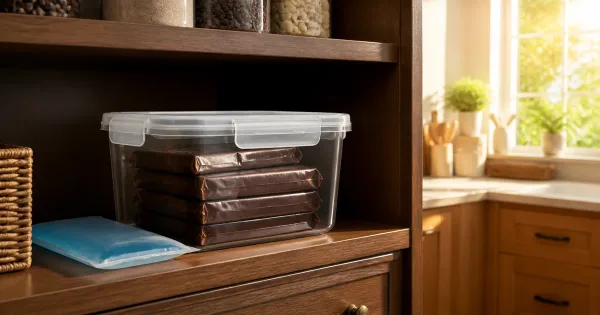 Wrapped chocolate in an airtight box inside a cool kitchen cupboard Wrapped chocolate in an airtight box inside a cool kitchen cupboard
