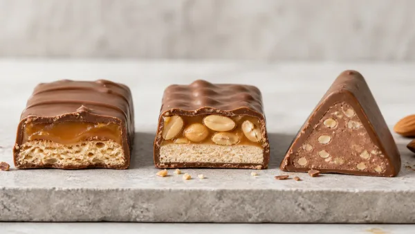 Three unbranded chocolate bar cross-sections showing biscuit caramel, peanut nougat and triangular honey almond styles Three unbranded chocolate bar cross-sections showing biscuit caramel, peanut nougat and triangular honey almond styles
