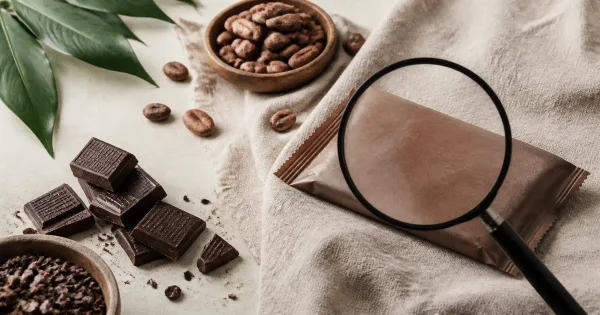 Plant leaves, cocoa beans and a chocolate label checklist with no visible brand Plant leaves, cocoa beans and a chocolate label checklist with no visible brand