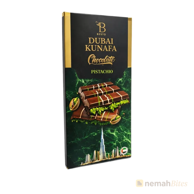 Illustrative pistachio kunafa chocolate bar with visible filling; branded packaging not shown Illustrative pistachio kunafa chocolate bar with visible filling; branded packaging not shown