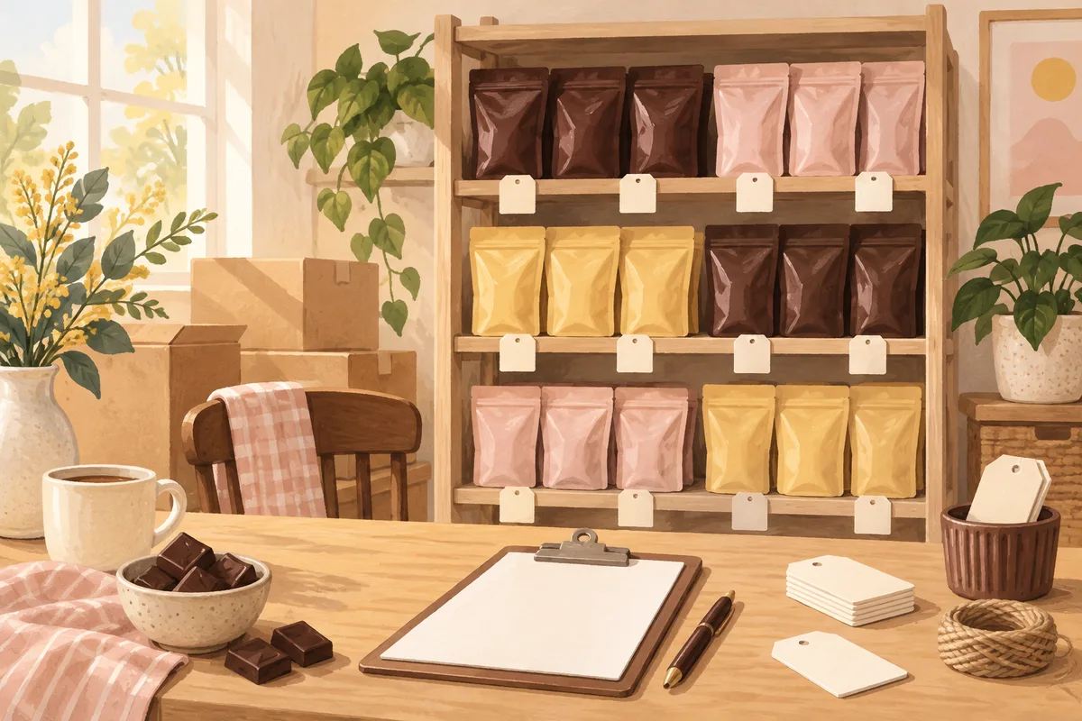 Illustration of a modest chocolate starter inventory with blank stock cards and a clipboard