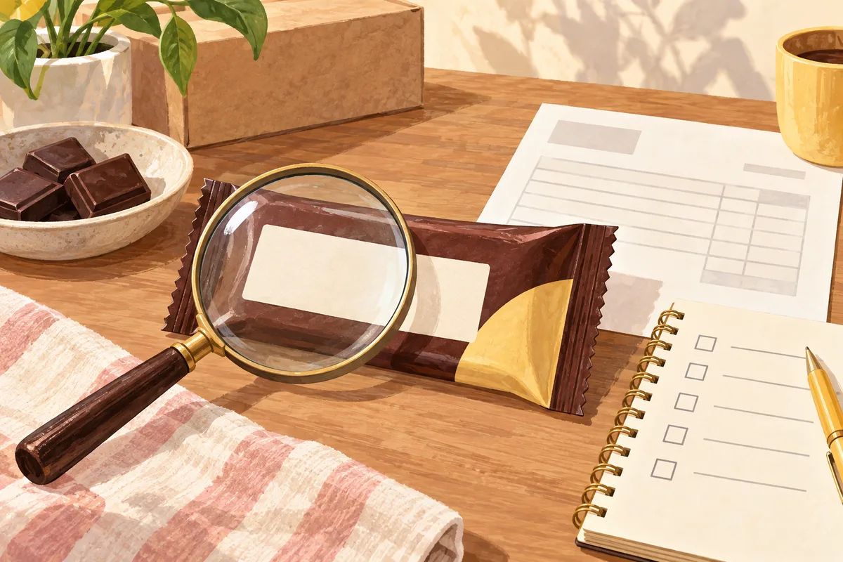 How to Choose a Chocolate Wholesale Supplier Illustration of a magnifying glass, blank pack label, invoice and supplier checklist