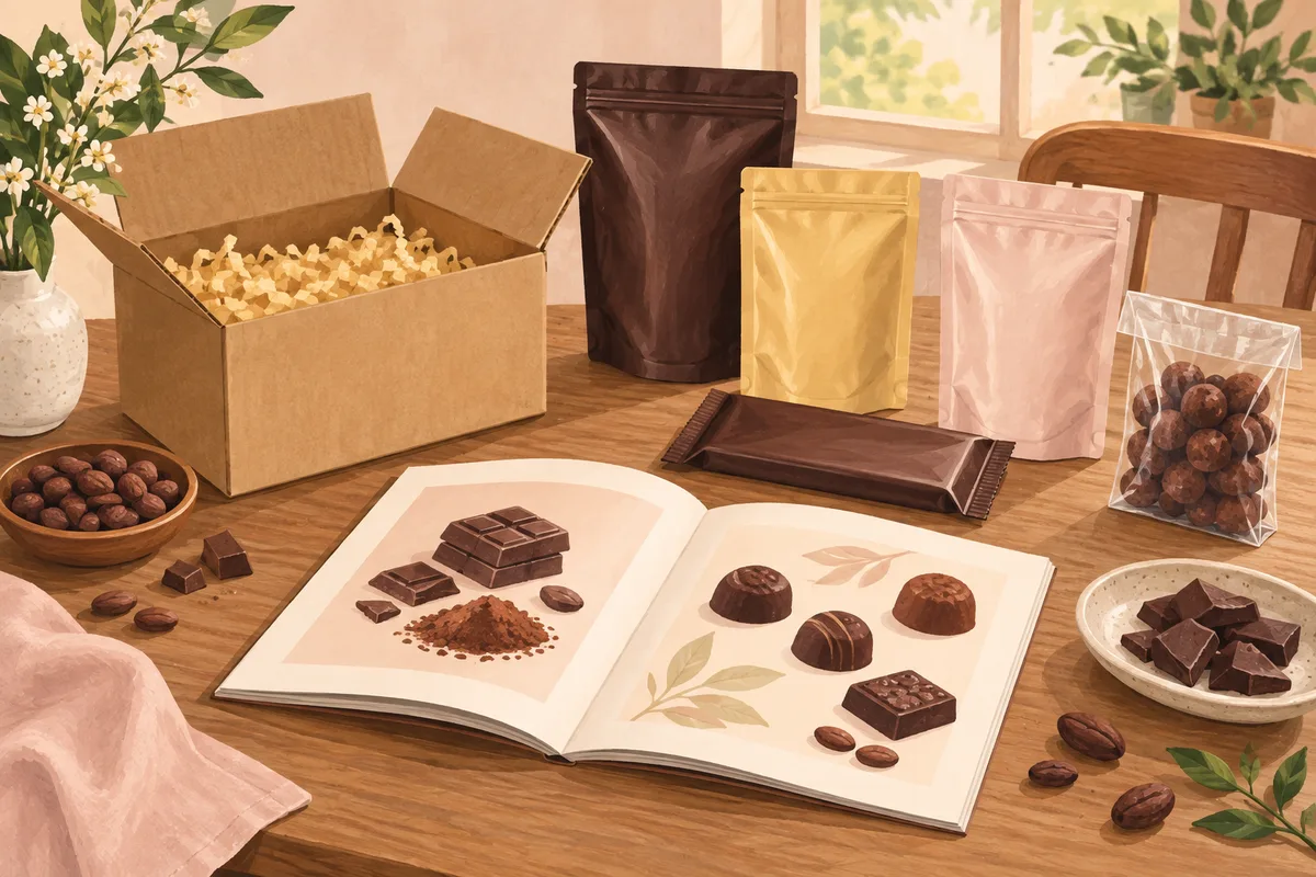Illustration of a small shipping carton and unbranded chocolate packs arranged for comparison