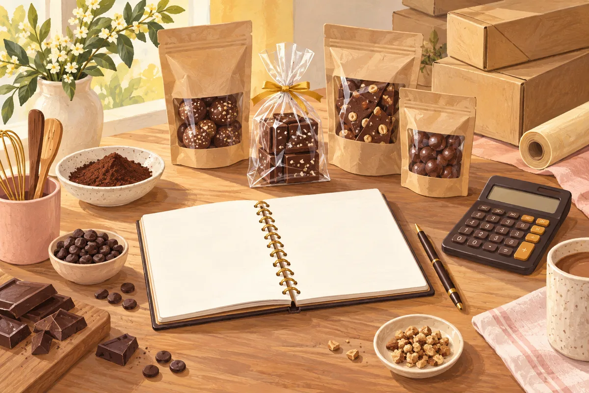 Start an Imported Chocolate Business in Bangladesh Illustration of a chocolate business planning notebook, calculator and unbranded packs