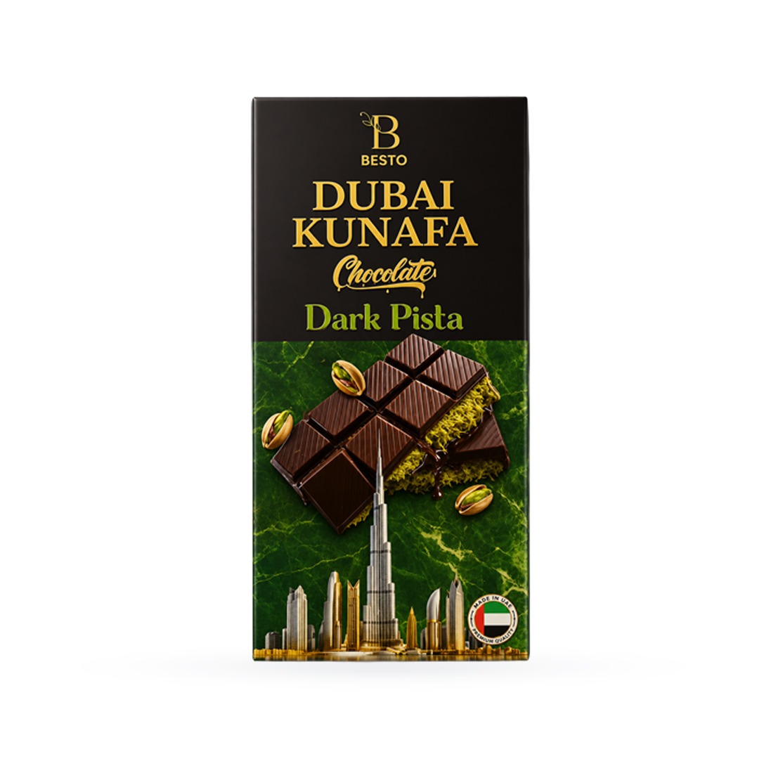 Besto Dark Pista Dubai Kunafa Chocolate 100g — Black-Green Pack — front of pack
