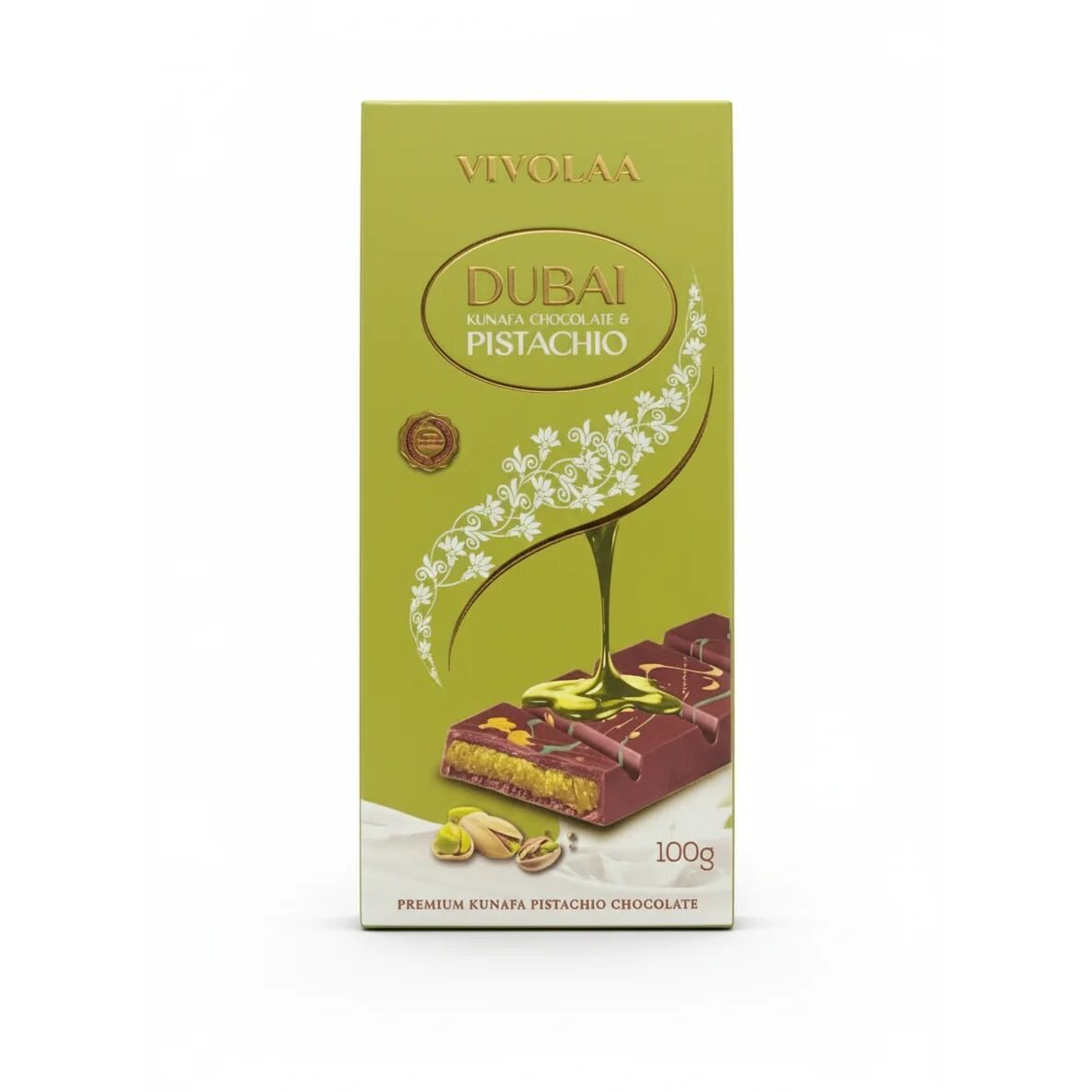Vivolaa Dubai Kunafa Pistachio Chocolate 100g — front of pack